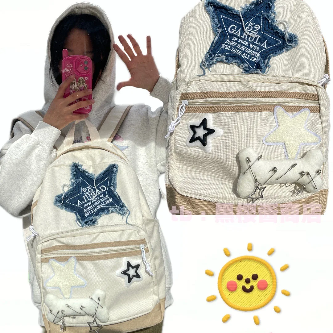 Y2K Women's Backpack Denim Star Pattern White School Bag Book Bone Shape Teenager Bagpack Letter Embroidery Large Capacity New