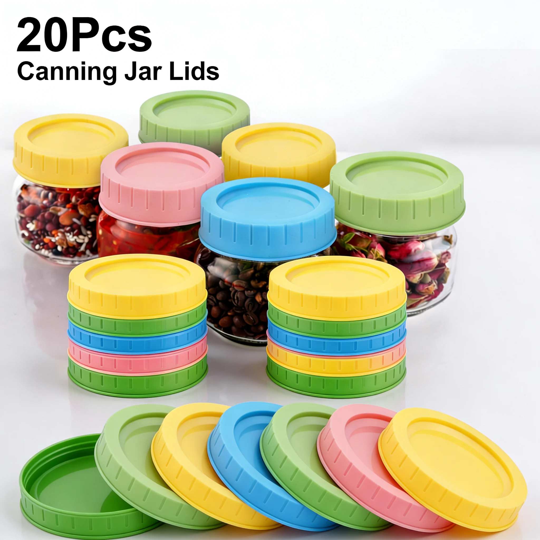 20 Uds. Tapas de tarros de albañil, tapas de tarros de albañil de plástico de calidad alimentaria, tapas de tarros de conservas de repuesto reutilizables a prueba de fugas aptas para boca Regular de 70mm
