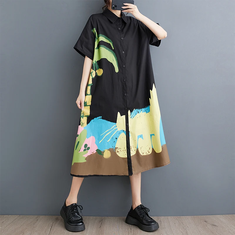 เสื้อผ้าผู้หญิงไซส์ใหญ่แฟชั่นฤดูร้อนแบบใหม่ ทรงหลวม พิมพ์ลายต่อกัน สไตล์ลำลอง เรียบง่าย หวาน สไตล์เกาหลี เหมาะสำหรับใส่ไปทำงาน