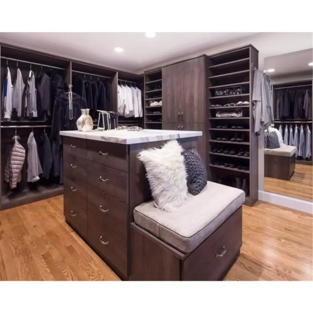 Modern Luxury Storage Wardrobe Designs Custom Melamine Bedroom Furniture Wooden Walk in Closet With Center Island