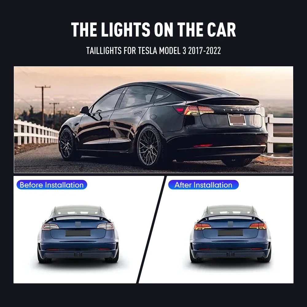 Pair Of LED Tail Lights For Tesla Model 3 2017-2022 DRL Reverse Brake Turning Signal Plug And Play Car Rear Tail Light Assembly