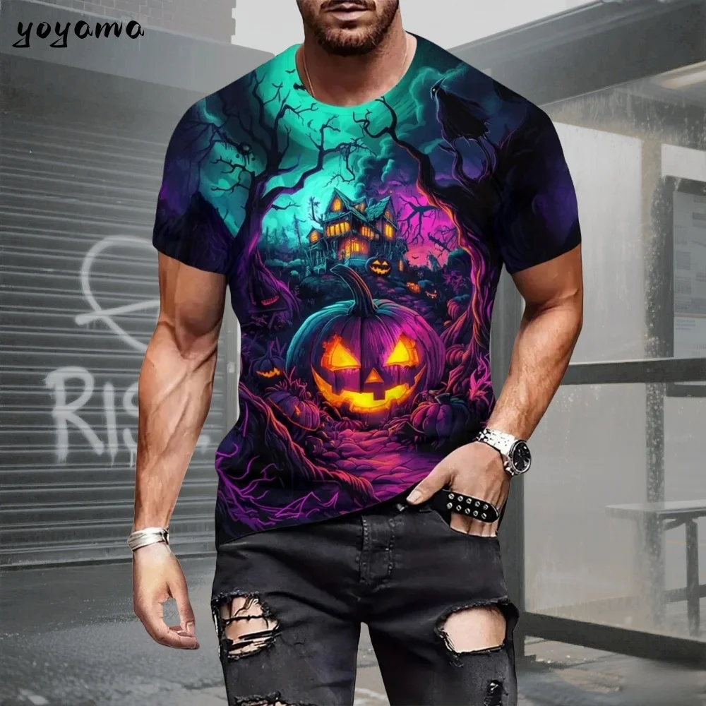 

Halloween Men's T-Shirts Dress up Hip Hop Trend Harajuku Y2k Clothes Horror Pumpkin Pattern Short Sleeve Tops Fashion Loose Tees