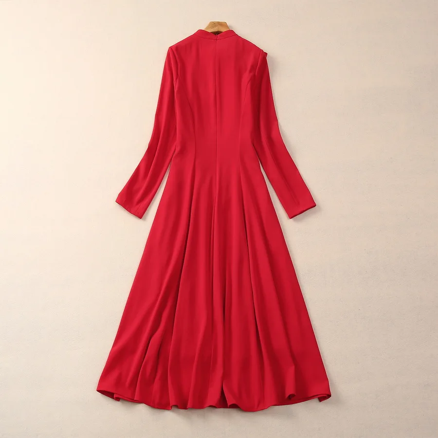 Europe and the United States women's 2024 summer new Stand collar Long sleeve red bow Fashion pleated dress XXL