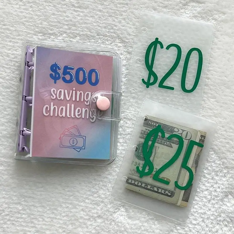 Loose-Leaf Notebook Planner, Mini Binder, Saving Challenge, Enveloppe Orçamento, Carteira, Organizador de dinheiro, 500 Dólares