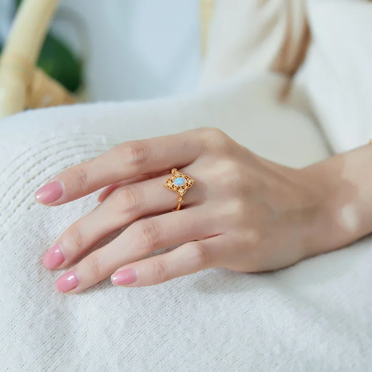 خاتم مفتوح من الدانتيل الطبيعي على الطراز الأوروبي للنساء، ذهب عيار 18 قيراط PT950 مطلي بالفضة البلاتينية مع 7 طبقات من الذهب #2