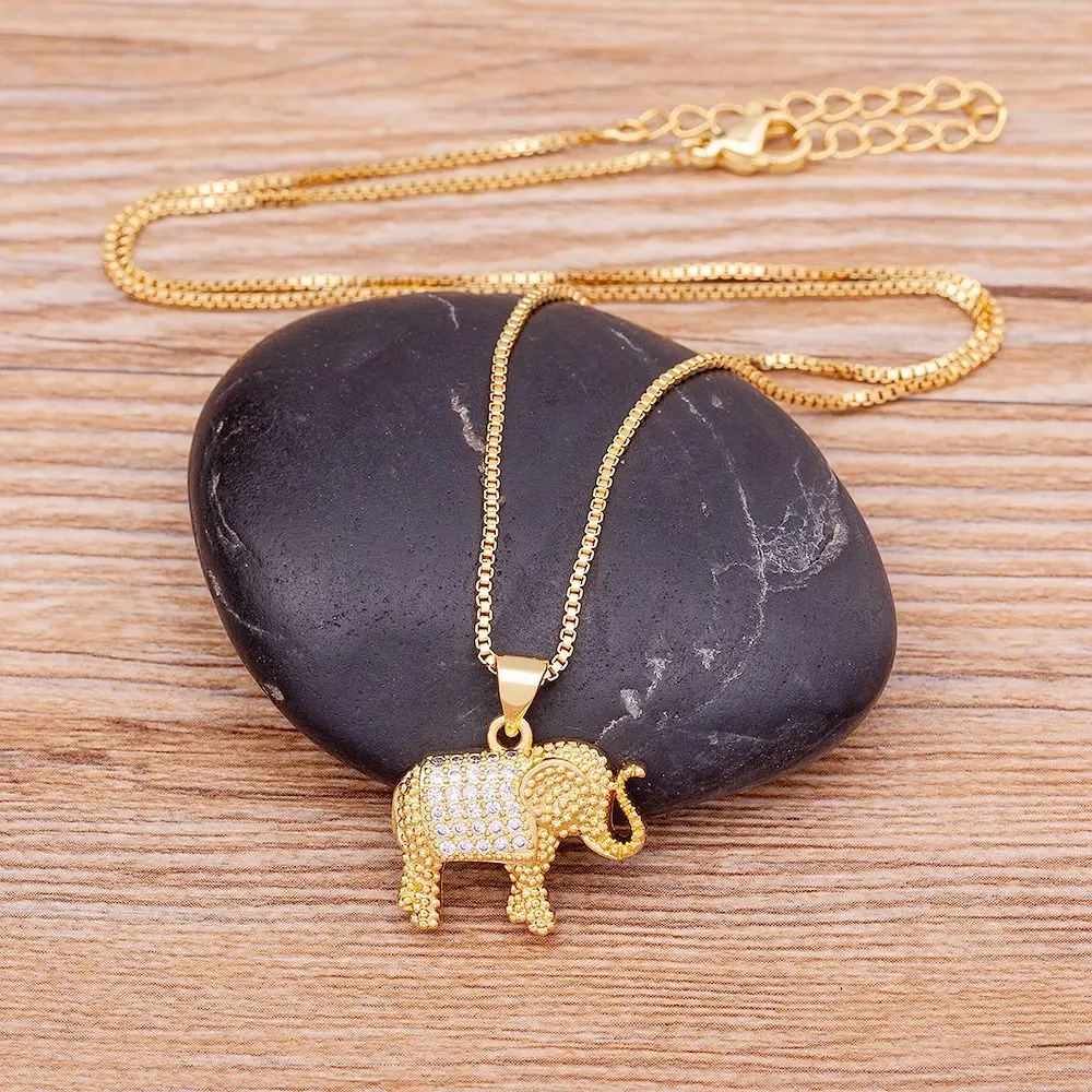 Nidin Charm Lucky Elephant Necklace Cubic Zirconia Pendant Gold Color Long Chain Choker For Women Party Wedding Jewelry Gift