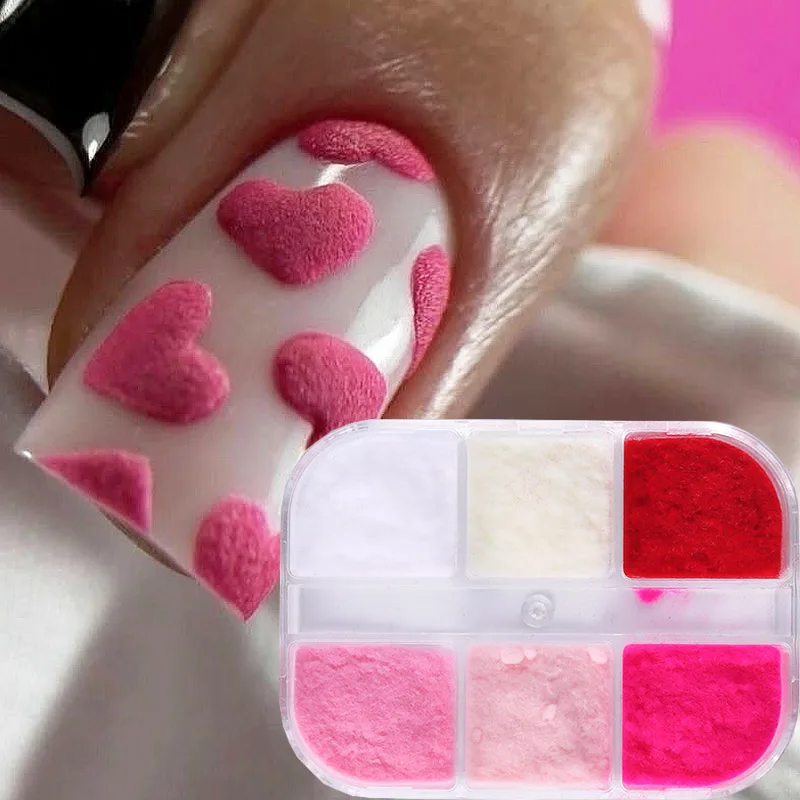 Pink, white, and red velvet nail art decoration, cute kawaii 3D holographic velvet shiny design nail powder DIY nail products