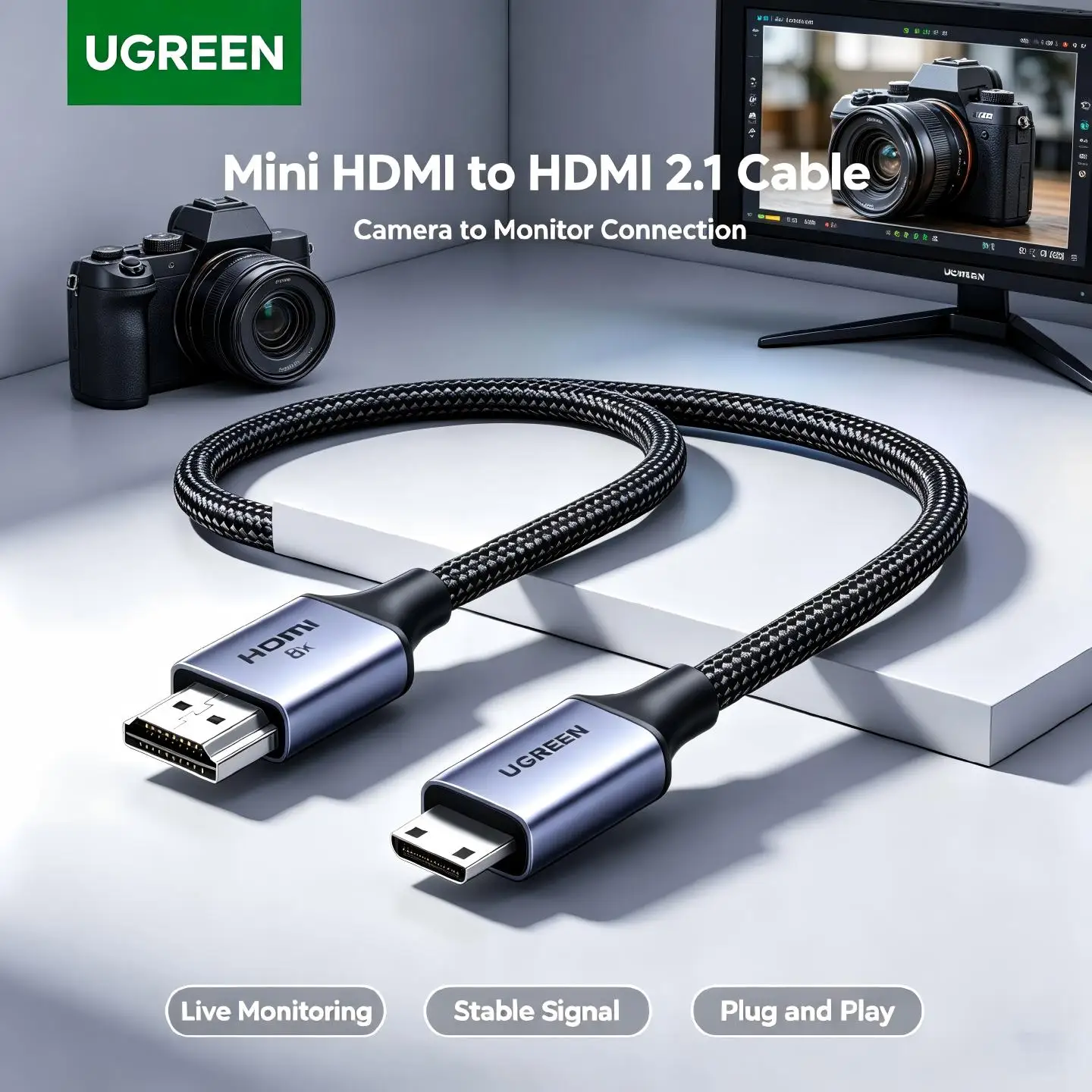 UGREEN Mini HDMI To HDMI 2.1 Audio Cable 1m 2m Braided 8K60Hz 4K240Hz Game Notebook Computer Monitor Projector Camera TV Long 3D