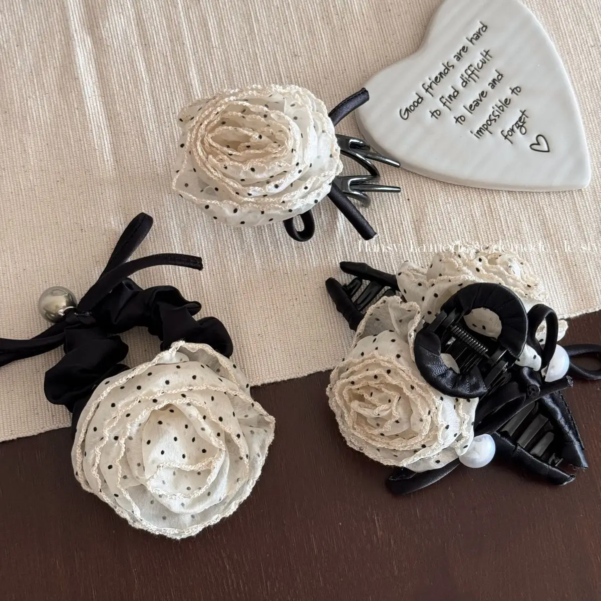 Claw Clip Polka Dot Cream Rose Fabric Resin Soft Non Slip Strong Hold Women Hair Accessory Daily Home Office Travel