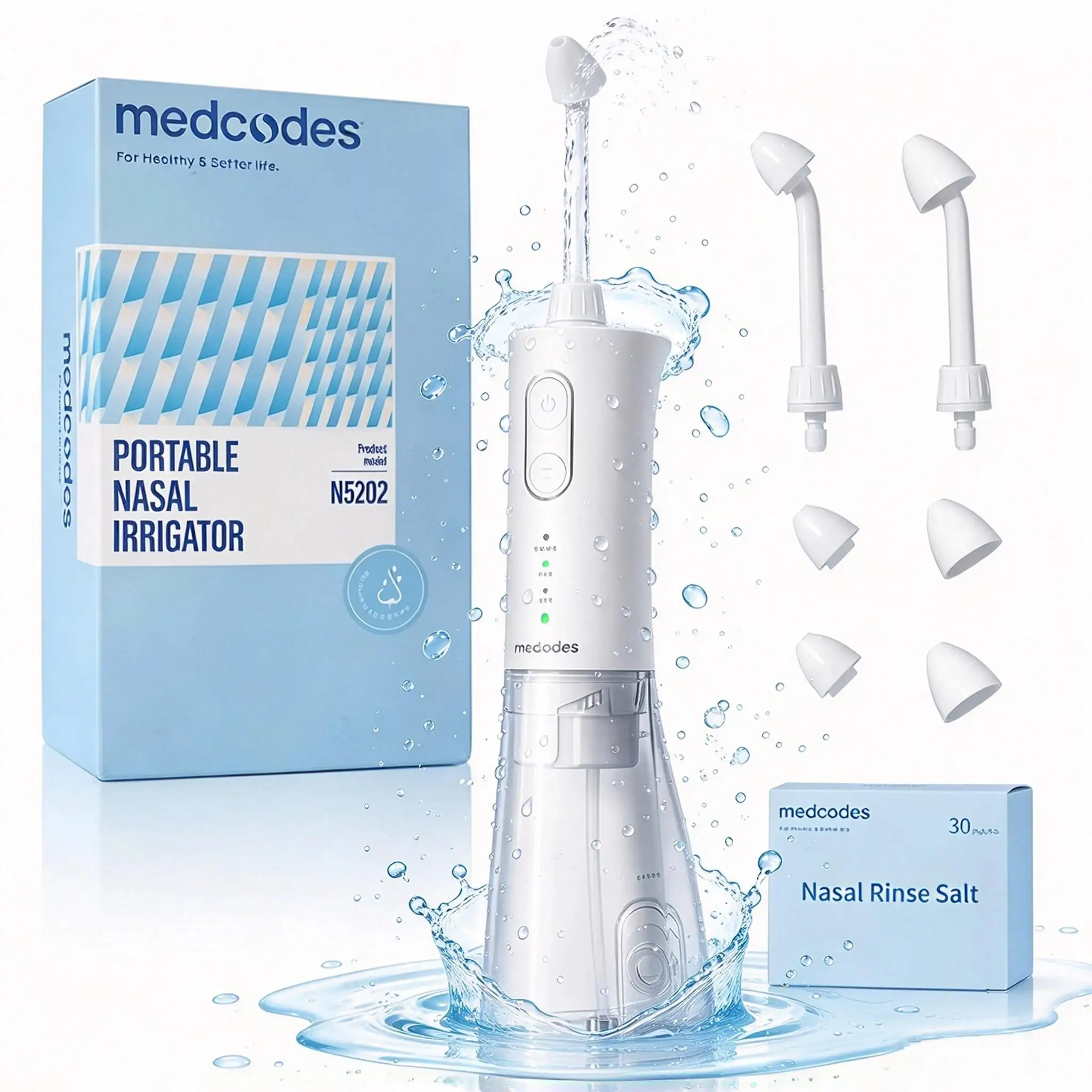 Nasal Rinse Bottle Portable Sinus Rinse Nose Wash Cleaner, 300ml Pressure Irrigation Neti-Pot, 3 Modes 2 Jet Tips with 30 Pcs Nasal Wash Salt Packets for Nasal Cavity Cleaning, Sinus Care & Allergy Relief Daily Home Use
