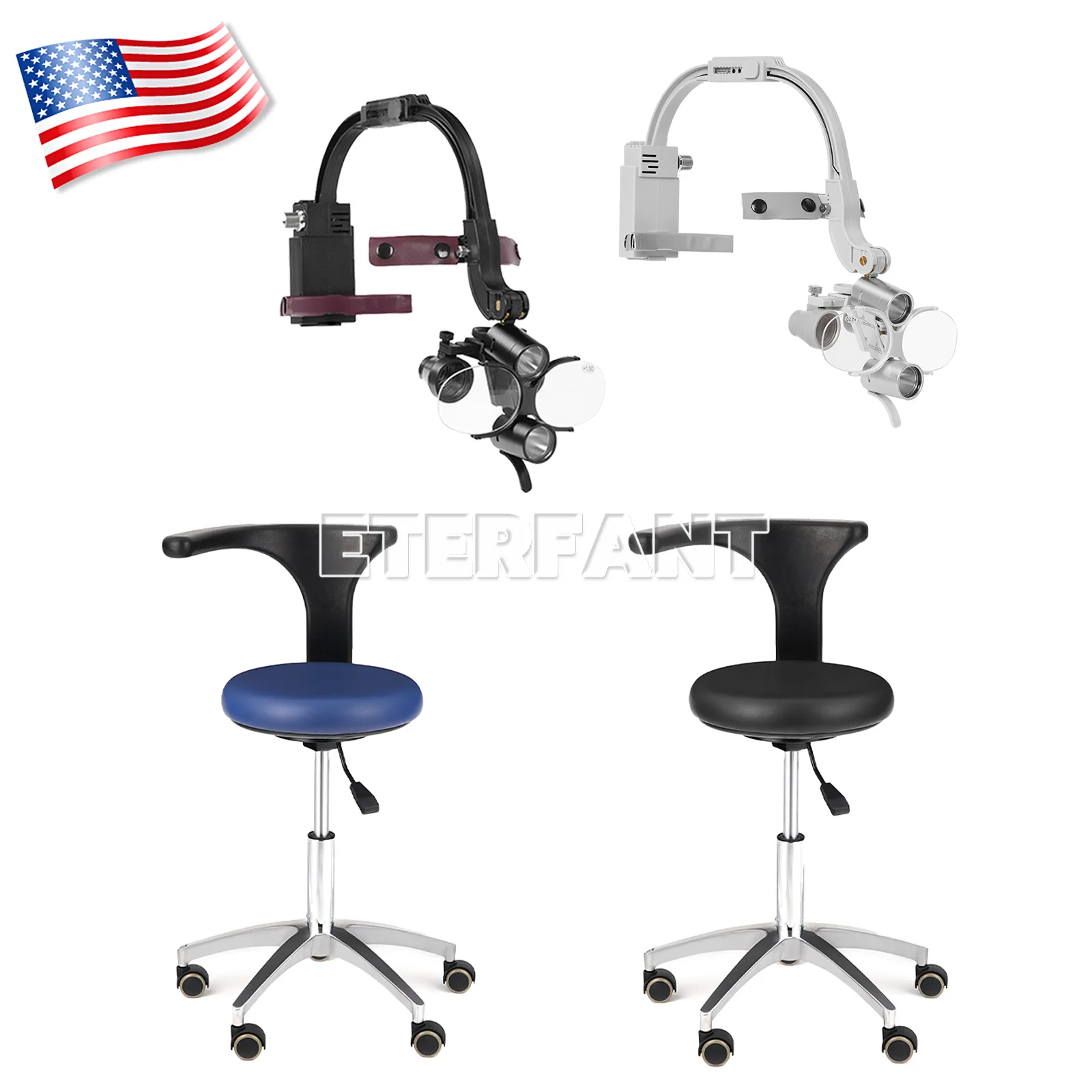 

3.5X Dental Surgical Headband Binocular Loupes+5W LED Head Light 2Led/Doctor Assistant Stool Mobile Chair Adjustable Blue/Black