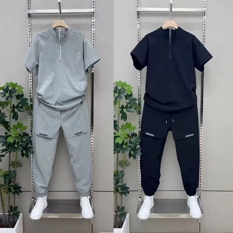 New Men 2 Piece Set Half Zip Stand Collar Loose Quick Dry Breathable Short Sleeve T Shirt Sports Pants Casual Tracksuit
