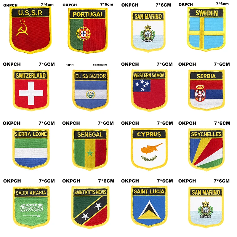 Shield Shape Flag Patches USSR Portugal Sweden Switzerland El Salvador Samoa Serbia Sierra Leone Senegal Cyprus