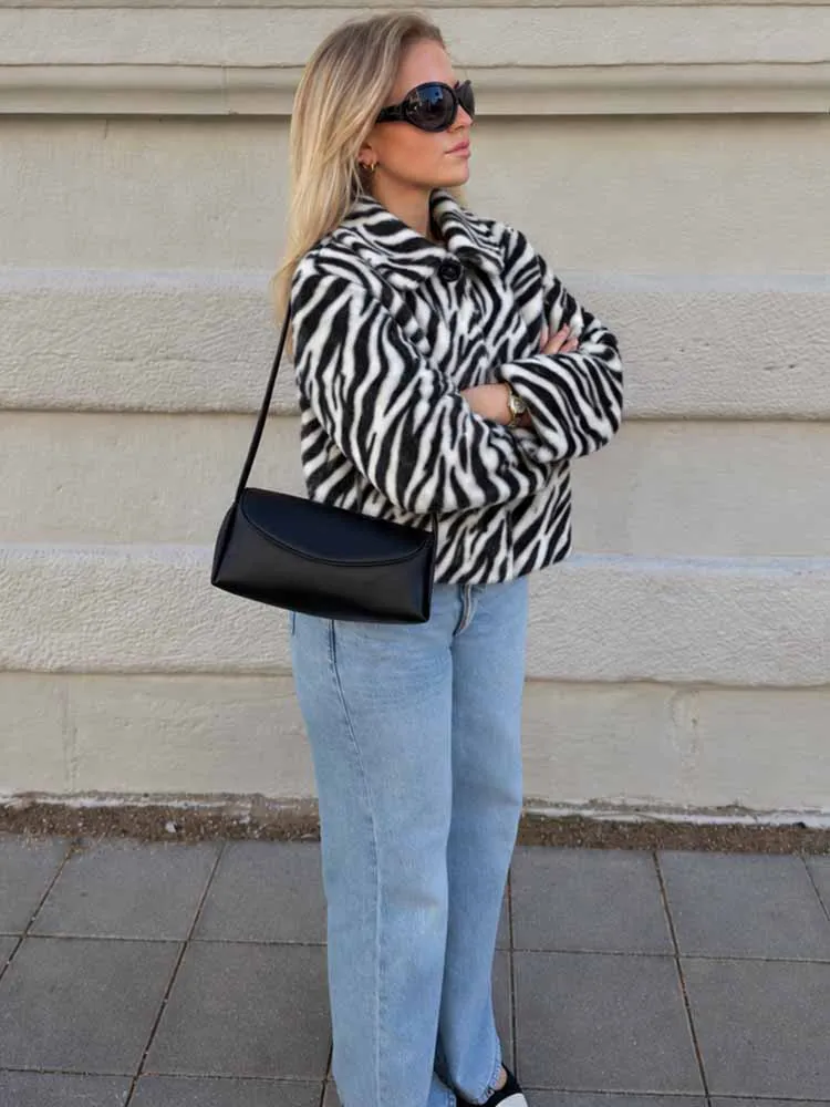 HH Women's Zebra Print Faux Fur Cropped Jacket 2026 Casual Lapel Collar Long Sleeve Button Front Plush Coat Warm Streetwear