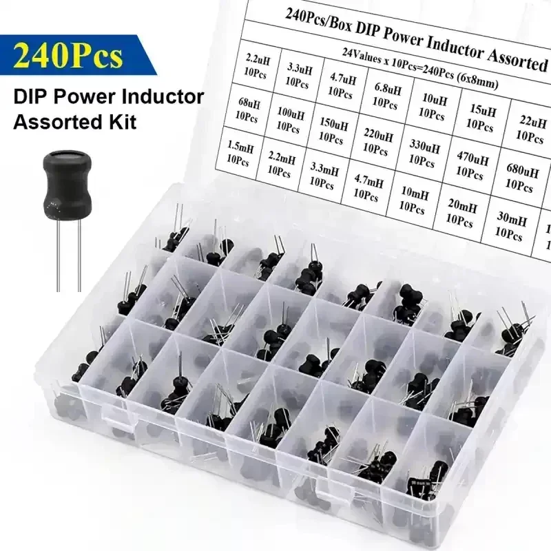 240Pcs 2.2uH-100mH 6x8mm Choke I-Shaped Power Inductor Assorted Kit 4.7uH 6.8uH 10uH 22uH 47uH 68uH 100uH 220uH 1mH Inductors