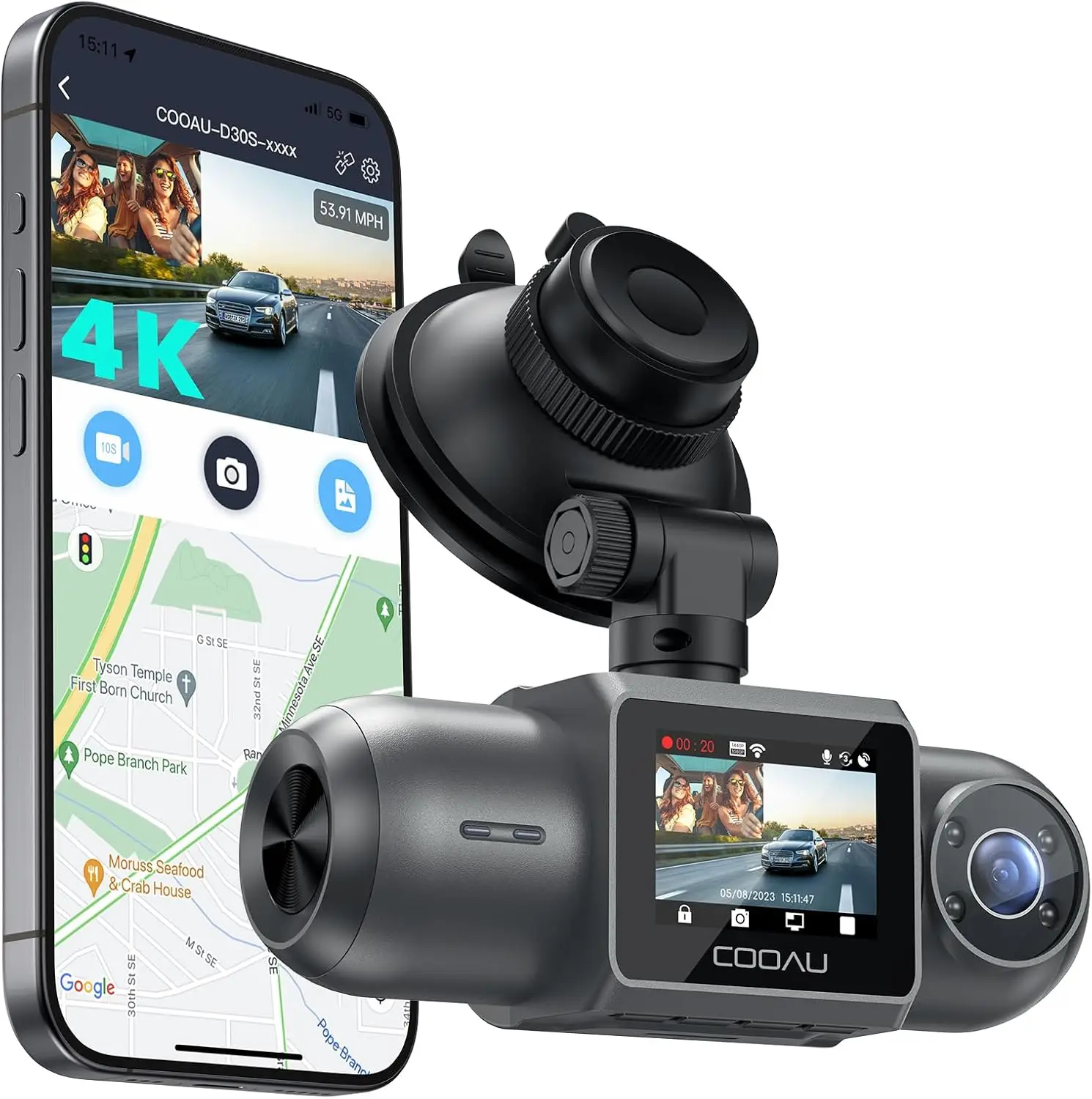 4K Dash Cam Front Inside Dual 25K 1080P GPS Wi-Fi Uber Car Camera Infrared Night Vision Supercapacitor 4 IR LEDs G Sensor Parkin