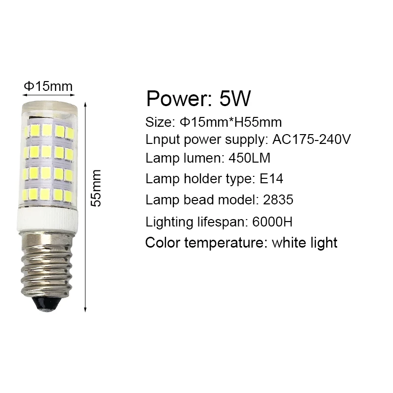 E14 LED Bulb 5W AC220V SMD2835 White Light 6000K Warm White 3000K - Refrigerator Range Hood Lighting Replacement Bulb