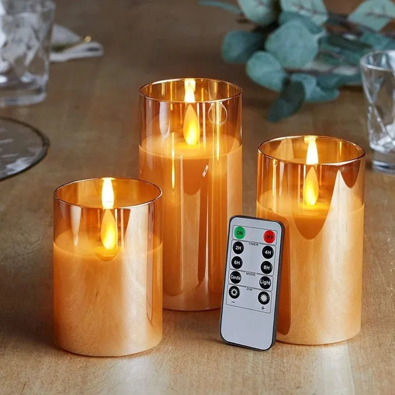 

Flameless LED Candles Flickering Pillar Battery Operated Candles With Timer Remote Glass Effect For Festival Wedding Home Party