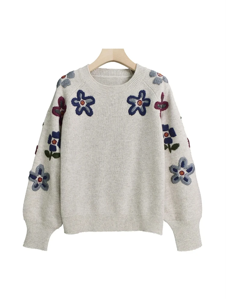 

Spring Knitted Sweater Women's Art Student Color Colion Flower Design Top Small Size Matching Korean Sle Commute Faion