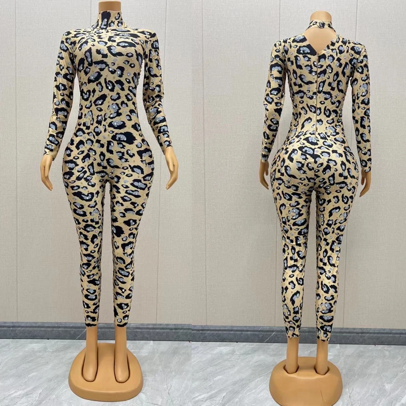 

Shiny Rhinestones Leopard Jumpsuit Women Rave Festival Outfit Long Sleeved Stretch Leotard Stage Party Drag Queen Costume BWK