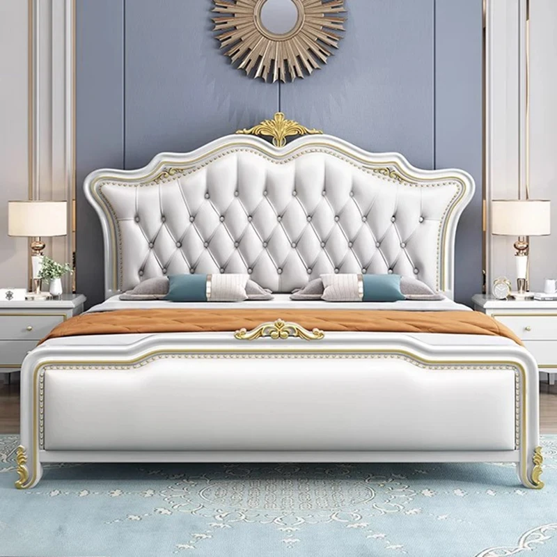 Designer Royal Double Bed European Whitr Villa Headboard Twin Bed Frame Wood Multifunctional Letto Matrimoniale Furniture