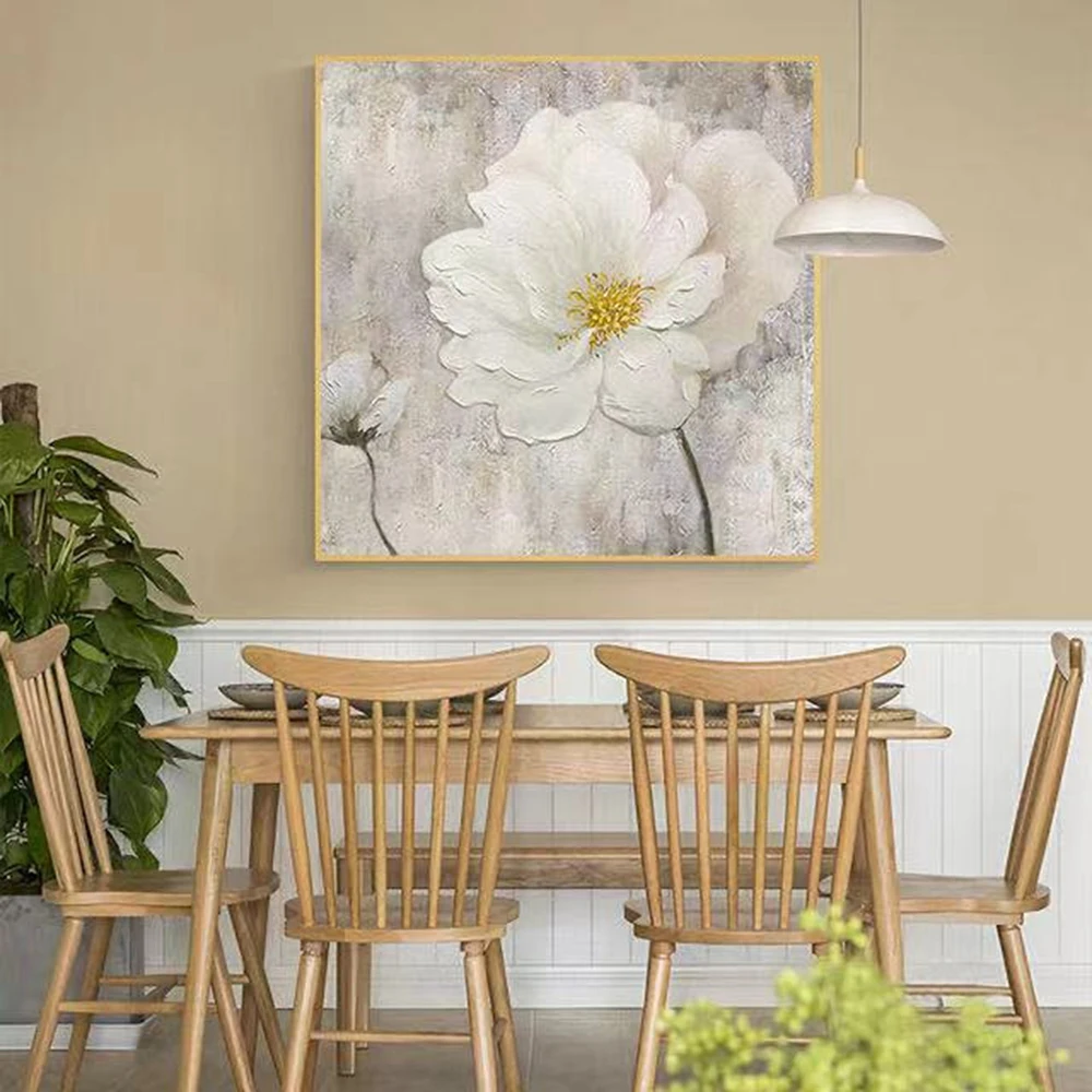 

Hand Painted Oil Painting Abstract Texture Painting White Floral Canvas Painting Yellow Flower Art Acrylic Painting Decoration