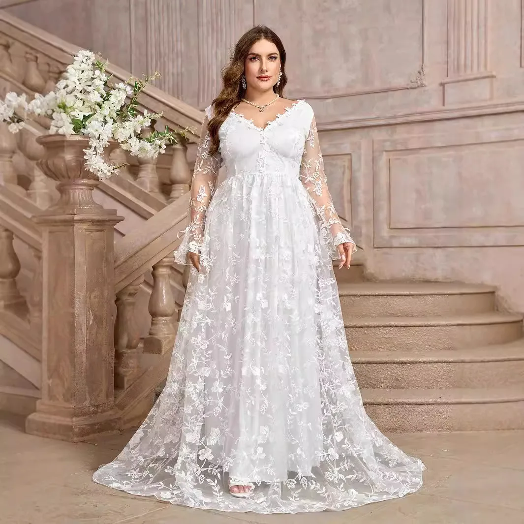 Große Größe Damenbekleidung Neues Produkt Langarm Weiß V-Ausschnitt Hochzeitskleid Langer Rock Party Sommer Elegantes Casual Y2k