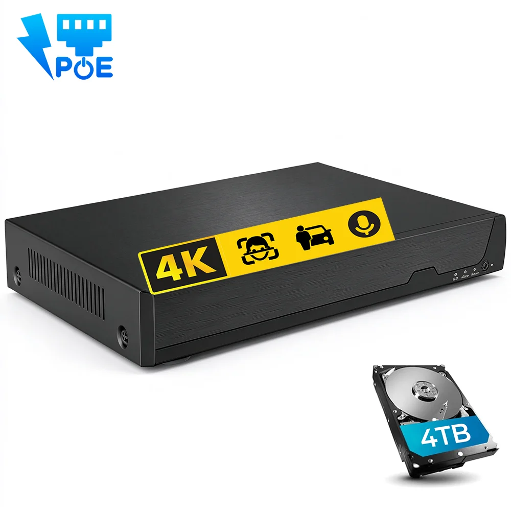 4Ch 8Ch 4K NVR POE Onvif Network Video Recorder for IP Cameras CCTV Recorders for PoE 8-Channel Power Over Ethernet NVR XMEye