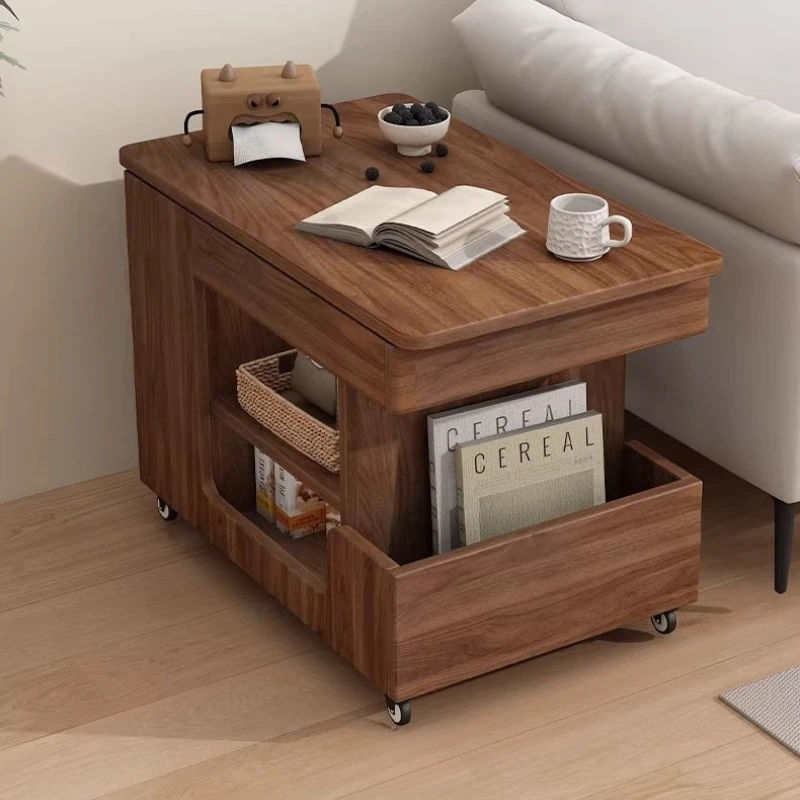 wood mobile side table multi-layer wheeled height adjustable coffee table space saving mesa salón elevable living room furniture