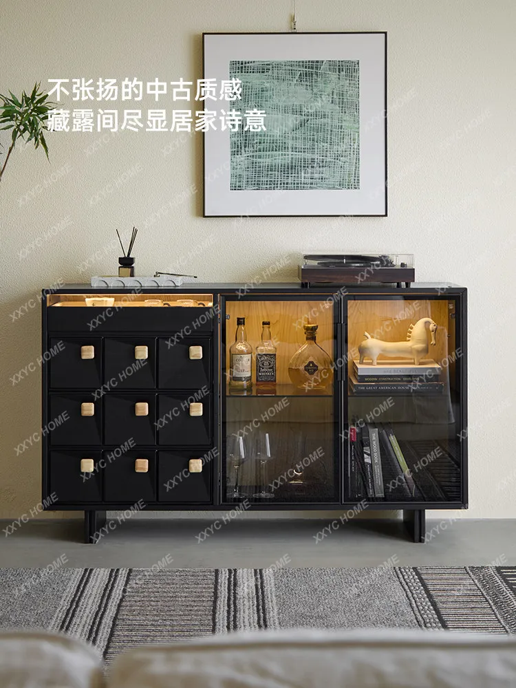 Edge cabinet integrated against the wall, black half wall, low cabinet, retro wine cabinet, storage cabinet, solid wood storage