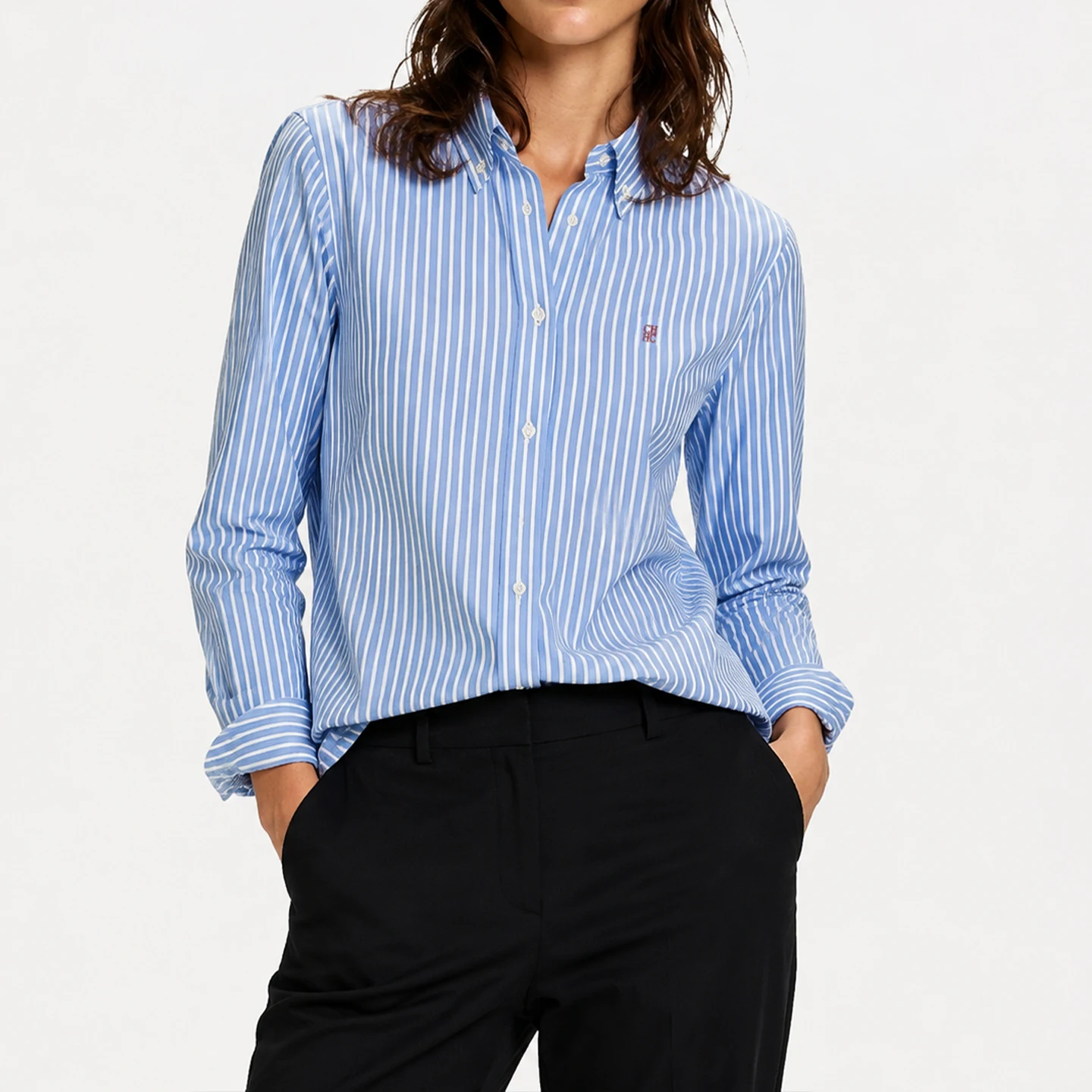 CH Damen Blau-Weiß Gestreiftes Hemd Langarm Daunenbluse Lässige Büro-Damen-Oberteile Modisches Slim-Fit Business-Arbeitshemd – Detail 5