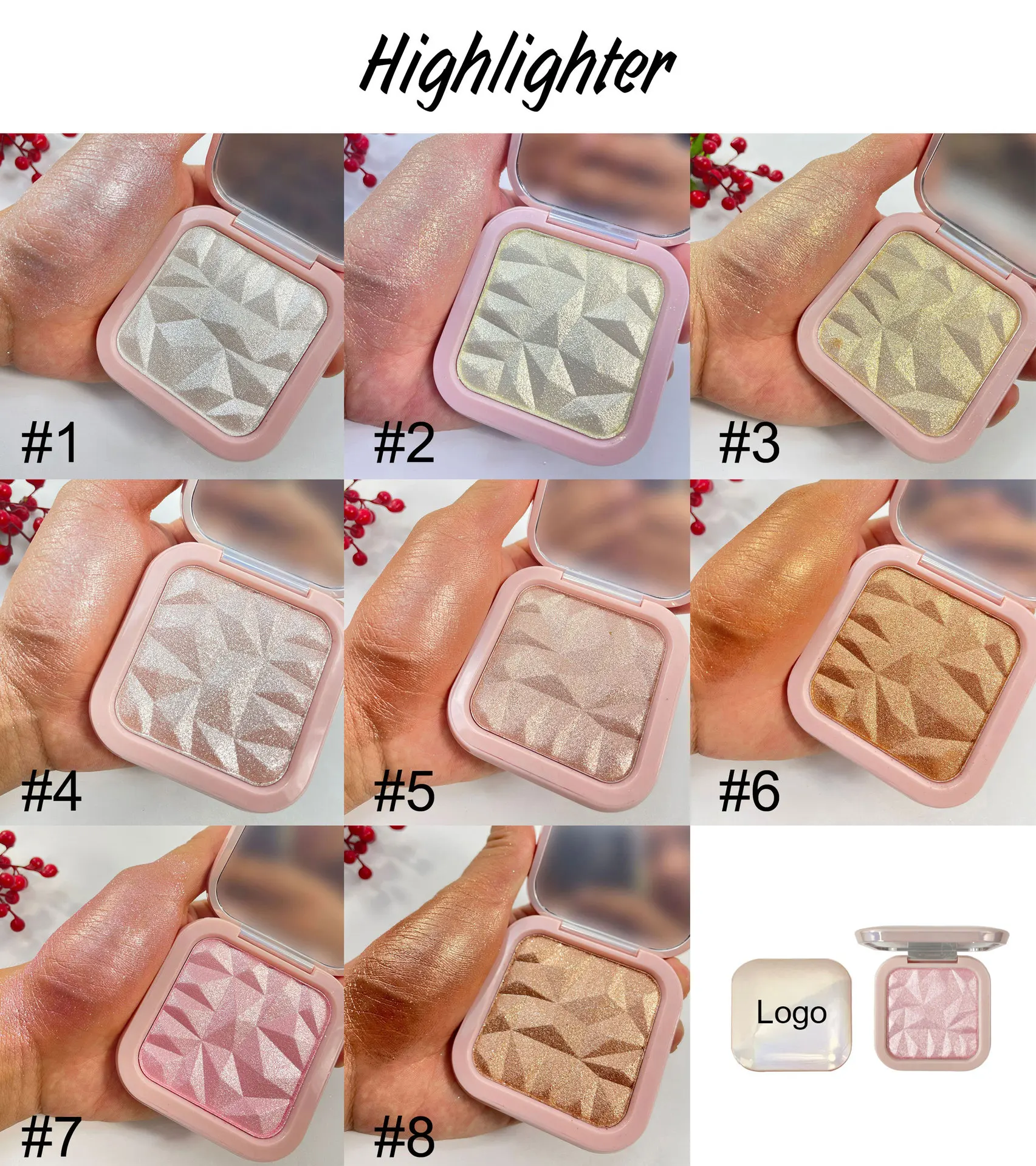 

Vegan Highlighter Private label 8 Colors Highlighter Makeup Custom Logo Face Highlighter With Shiny White Cardboard Package