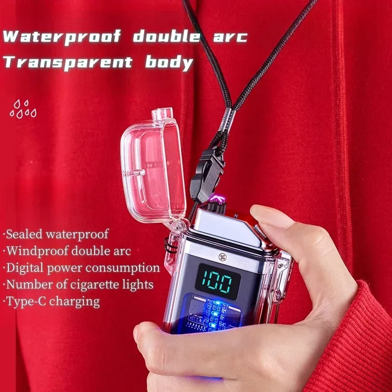 ولاعة نبض بقوس مزدوج ديناميكية جديدة مقاومة للماء والرياح مع شاشة رقمية أداة إضاءة خارجية شفافة للجسم