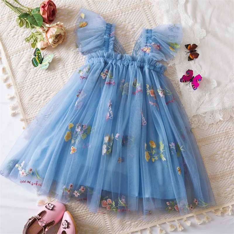 Baby Girls Big Bow Lace Mesh Dress Summer Sleeveless Princess Party Birthday Dress Children Kids Floral Embroidery Clothes 1-5Y