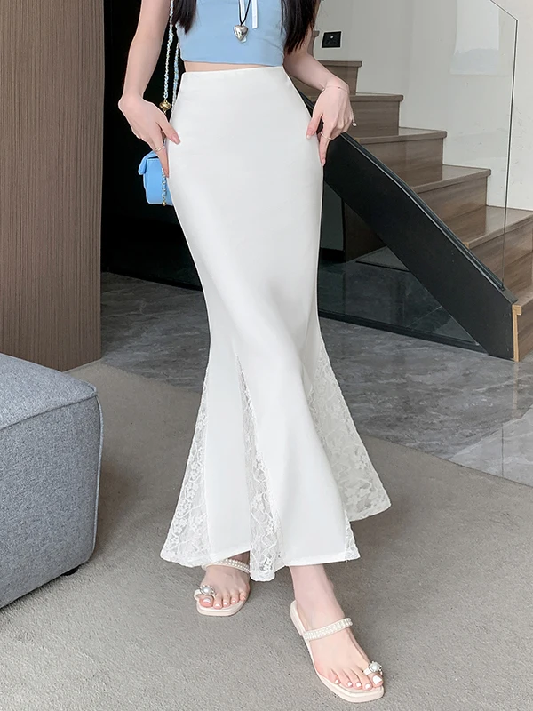 Lace Splice High Waist Slim Fit Fish Tail Midi Skirt Women's Summer Fashion 2026 New Style Half Body Lace Trim Skirt