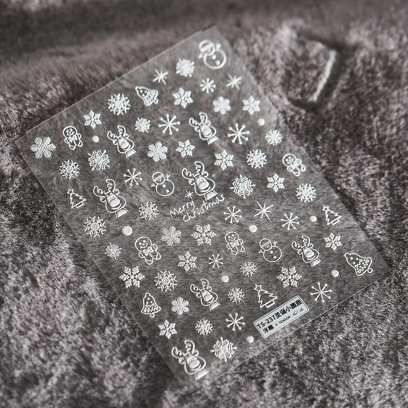 ملصقات عيد الميلاد بلوري لتزيين الأظافر ، ملصقات منقوشة 5D ، تصميم ليلي ثلجي رائع ، جودة عالية