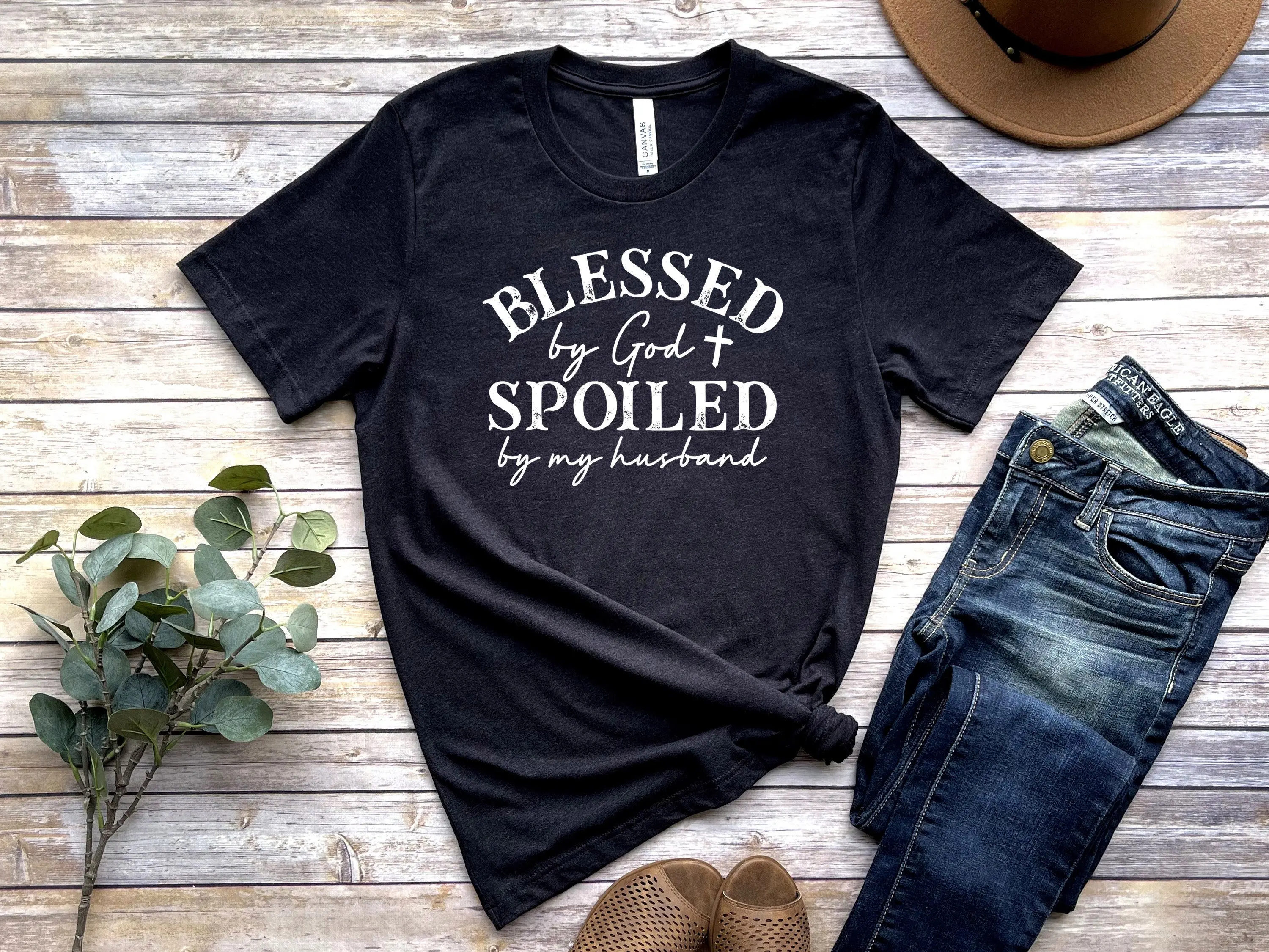 Christian T Shirt Blessed By God Spoiled My Husband Religious S Bible Verse For Wife Anniversary Birthday