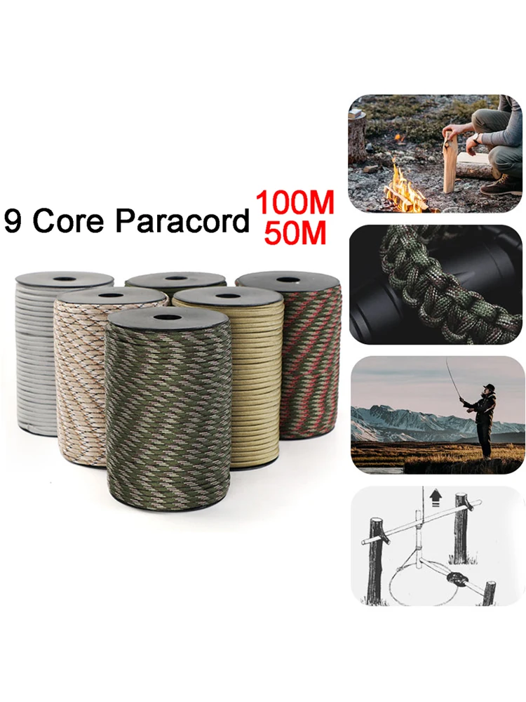 50M 100M Standard 9-Core Paracord Rope 4mm Outdoor Parachute Cord Survival Umbrella Tent Lanyard Strap