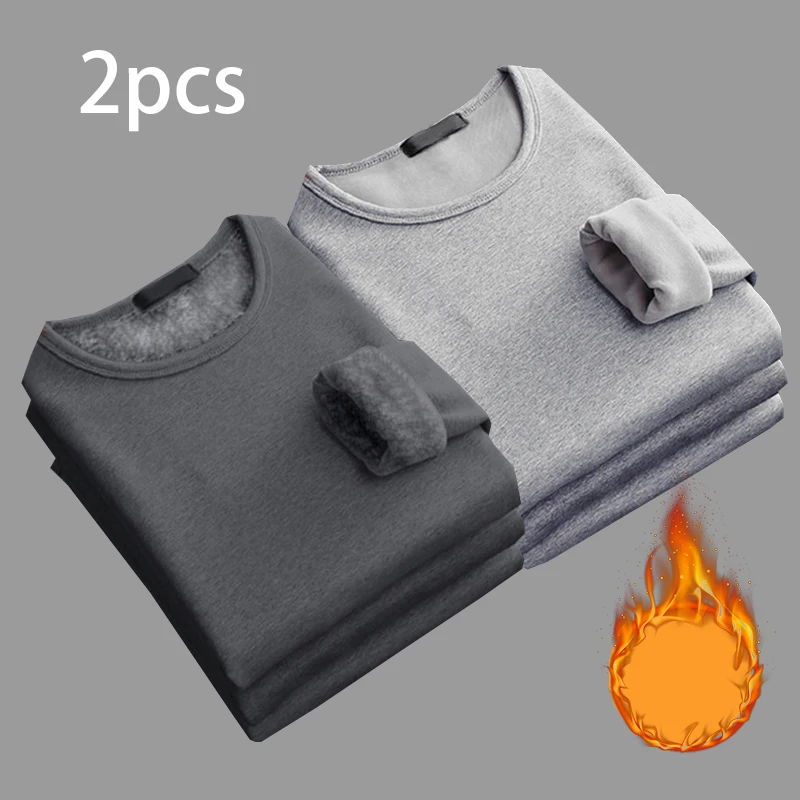 2pcs Men Thickening Velvet Warm Tops Men's Winter Long-sleeved Thermal Underwer Male Round Neck Fashion T-shirt M-5XL