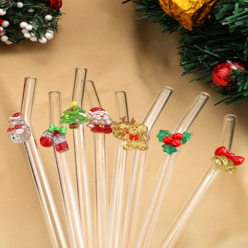 1/4PCS Christmas Edition Glass Straws,8 Festive Designs,Reusable Straw for Drinks. Perfect for Christmas Parties,Home Decor.