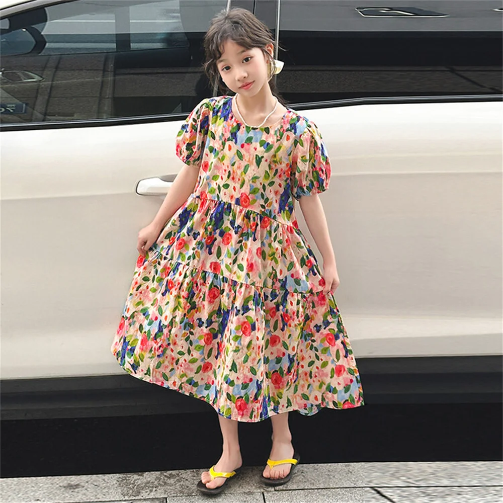 

6188 Summer Children's Dress Girl's Sweet Floral Large Swing Dress Fragmented Flowers Dress Fluffy Skirt