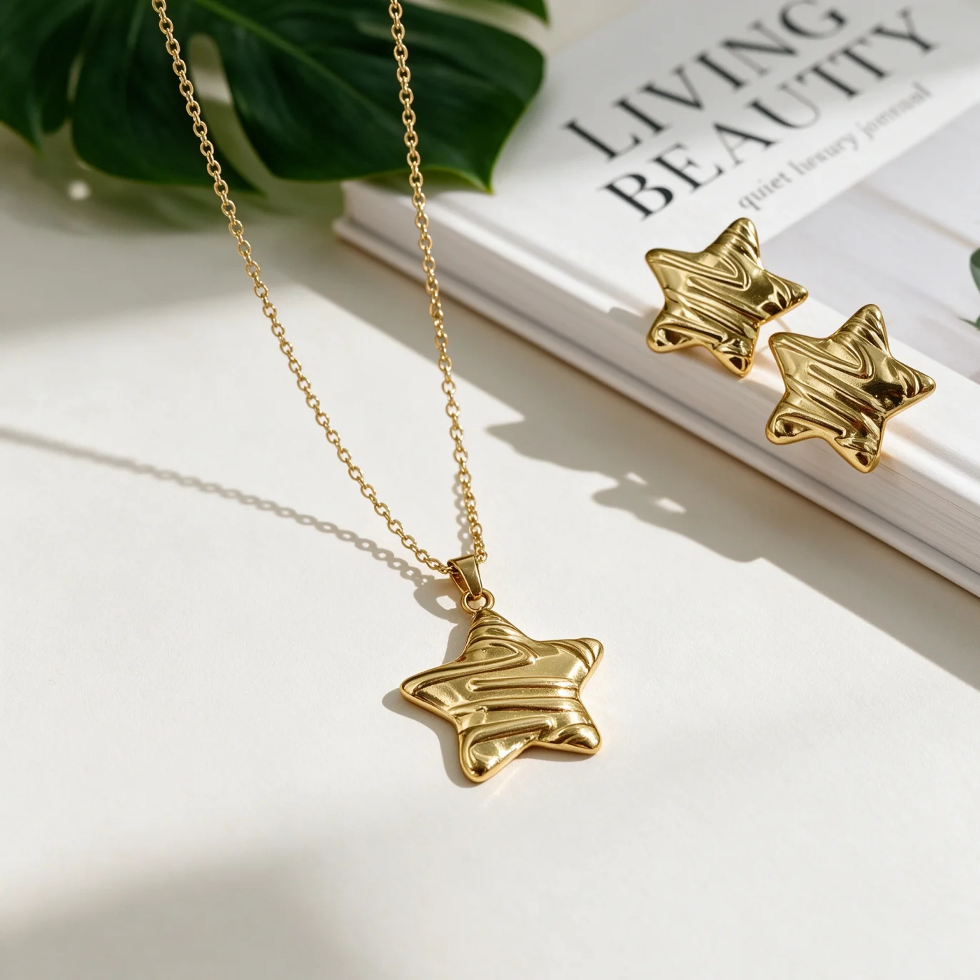 1Set Minimalist Ins Style Glossy Polished Concave Convex Ripple Star Necklace Earrings Jewelry Set For Women Daily Commute Wear