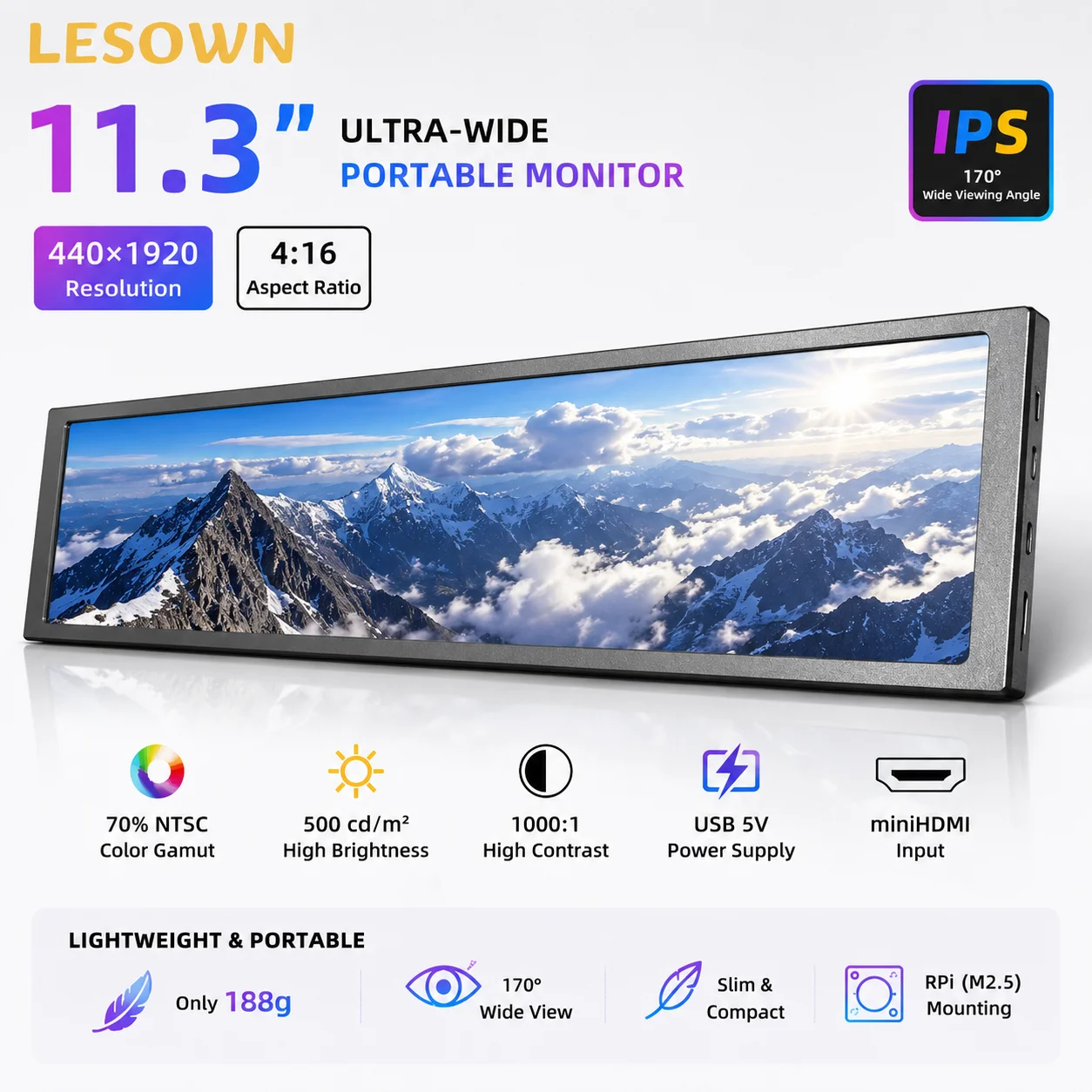 LESOWN 11.3 Inch 440x1920 miniHDTV SBC Sub-display Black Aluminum 500nit Ultra-stretched Monitor for Jetson Nano Board