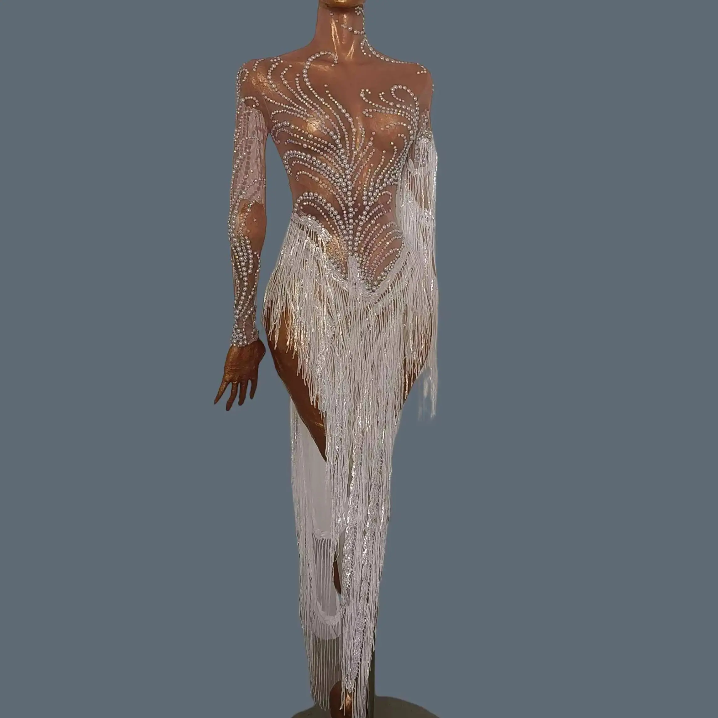 

See Through Mesh White Pearls Mini Dress Long Sequins Tassel Asymmetrical Dress Birthday Celebrate Party Dance Show Wear Fumao