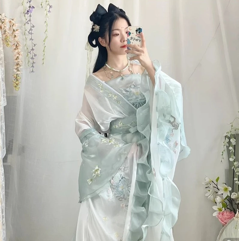 

Vintage Chinese Style High-end Hanfu Dress Women's Embroidery Large Sleeve Shirt Hanfu Eight Piece Set Cosplay Green Fairy