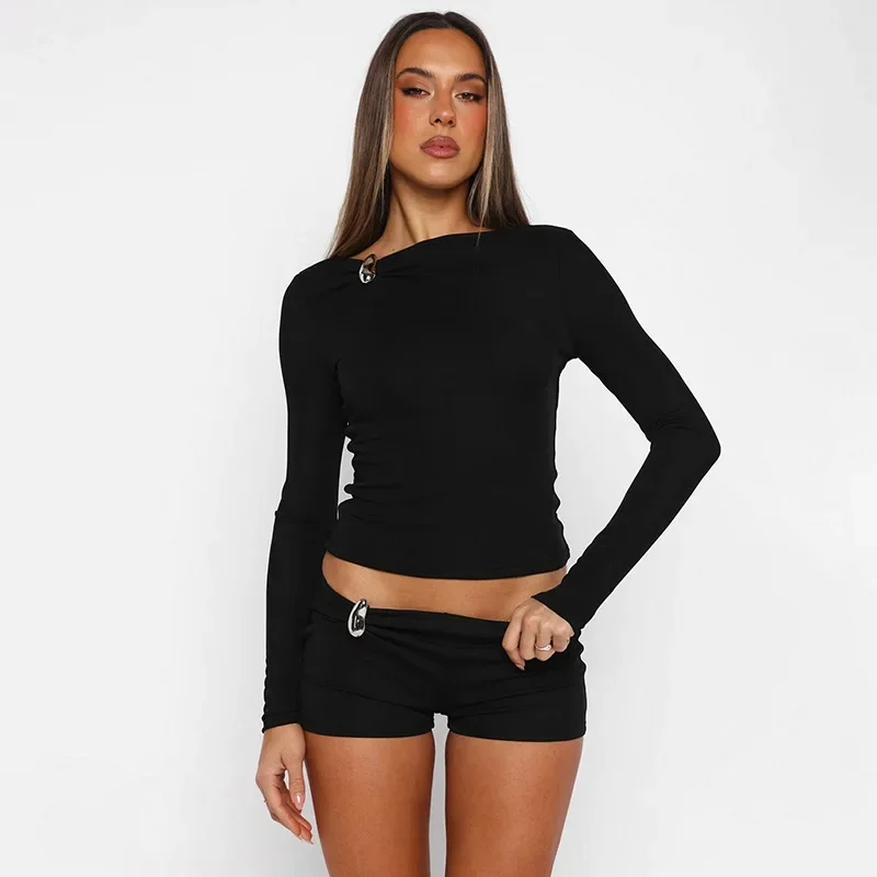 Wine Red 2 Piece Set Women Long Sleeve Crop Top and Shorts Slim Fit Bodycon Outfit with Metal Decor Fashion Casual Party Sets