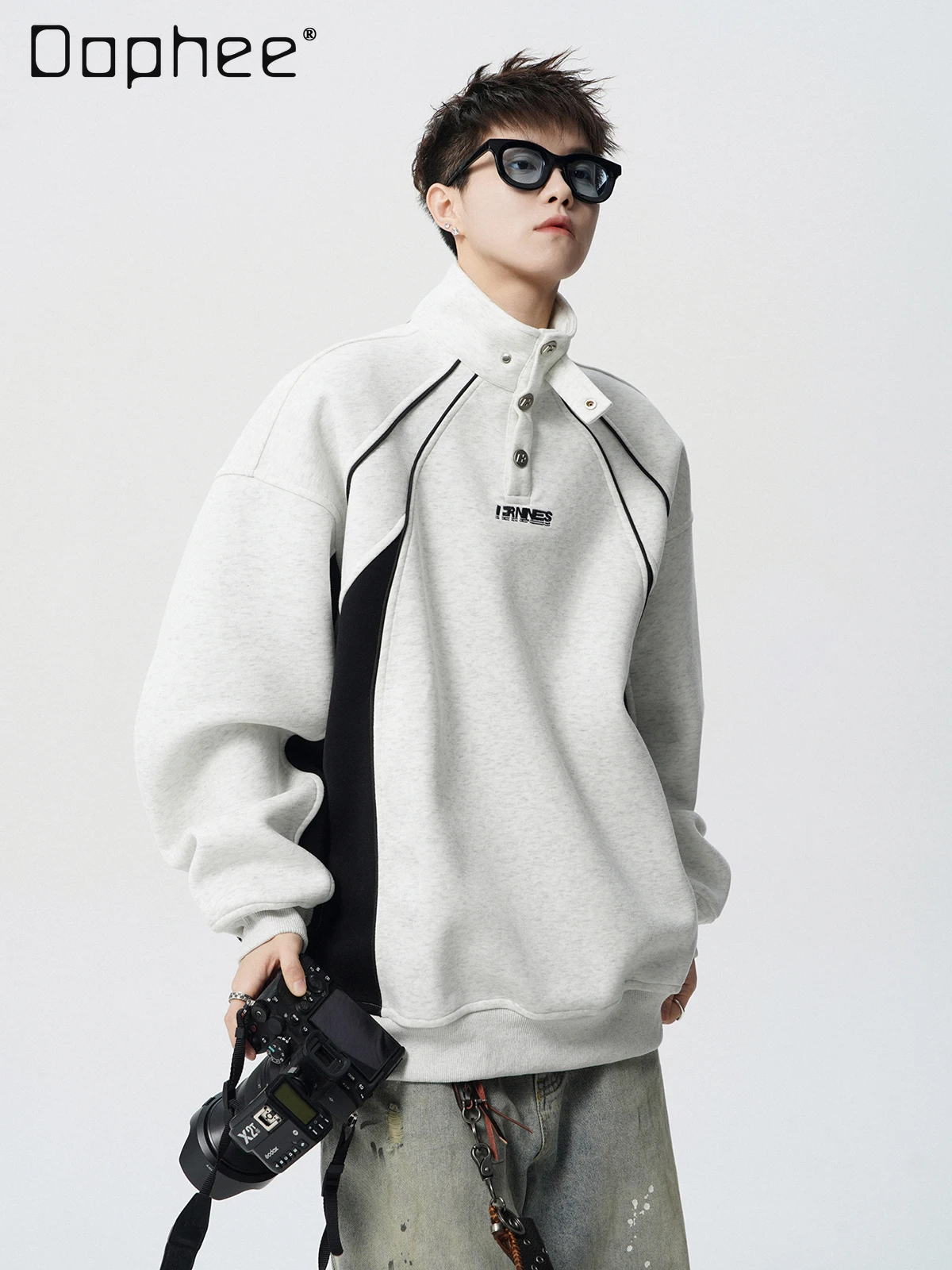 Spring and Autumn American Style Embroidered High Street Cool Gray Black Color Block Stand Collar Casual Versatile Sweatshirt