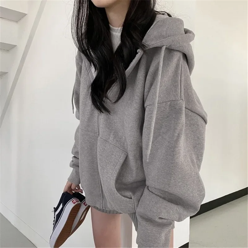 Fashion Hooded Sweatshirts Women Spring/Autumn Solid Zip Up Loose Jacket Coats Harajuku Korean Long Sleeve Oversized Hoodies