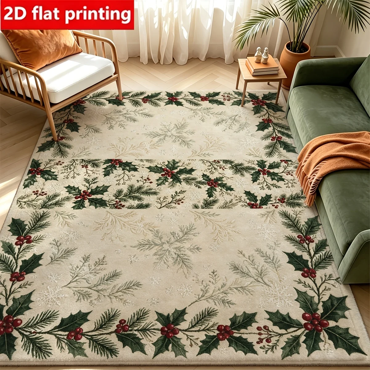 1pc 2D Flat Holly Berry Pine Branch Snowflake Border Printed Floor Mat, Decorative Rug for Living Room, Bedroom, Home