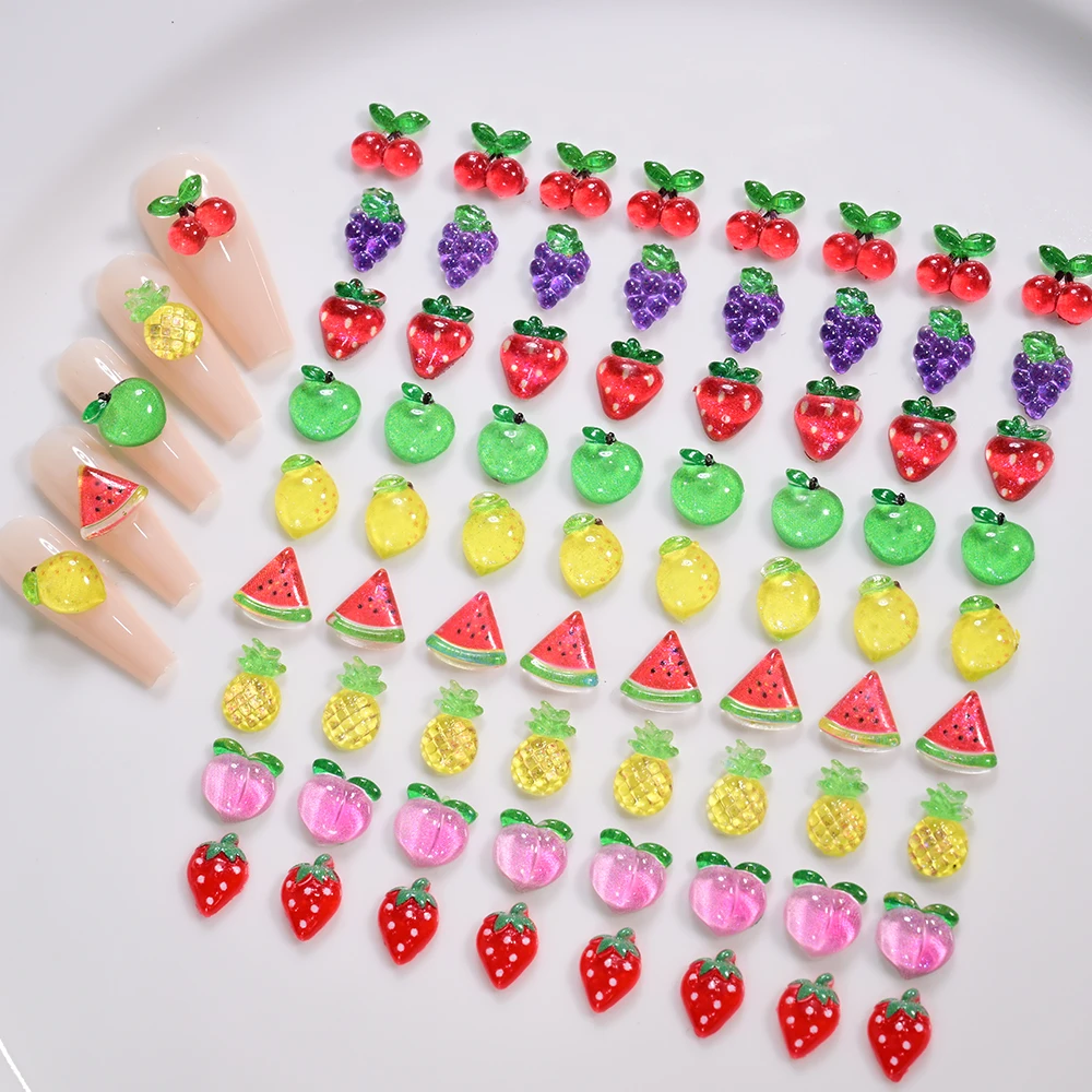 50Pcs Summer Colorful Fruits Nail Charms 3D Cute 7-11mm Mini Peach, Cherry,Grape,Strawberry Resin Flatback Nail Ornament Jewelry